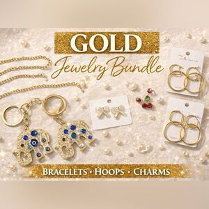 Gold Tone Jewelry Lot Bundle, 10 pieces | Bracelets, Earrings, Bag Charms. NEW!